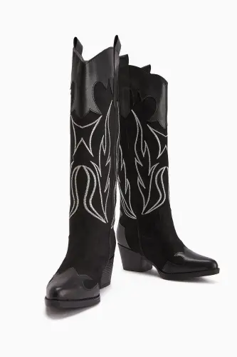 Bahar Siyah Süet Nakışlı Deri Detaylı Topuklu Western, Kovboy Kadın Çizme-Siyah - 6