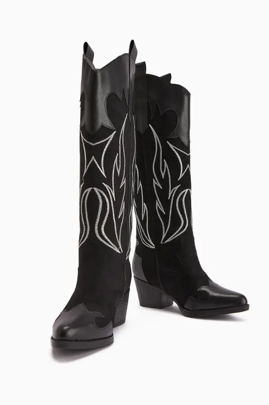 Bahar Siyah Süet Nakışlı Deri Detaylı Topuklu Western, Kovboy Kadın Çizme-Siyah - 6