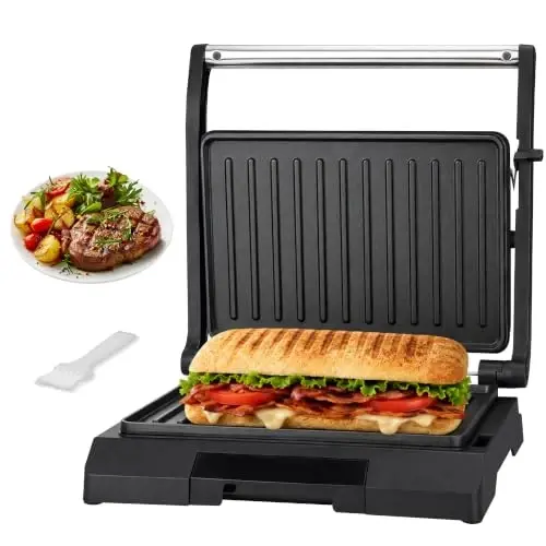 Baker's Friend 2 Slices of Mini Panini Press Electric Grill, Panini Grill Press Sandwich Maker Press, Sandwichera Electrical for Pancakes & Eggs, Oil Tray, Non Stick Surfaces, Stainless Steel - 1