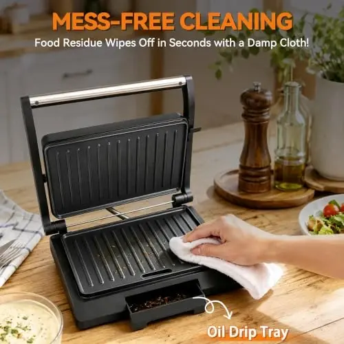Baker's Friend 2 Slices of Mini Panini Press Electric Grill, Panini Grill Press Sandwich Maker Press, Sandwichera Electrical for Pancakes & Eggs, Oil Tray, Non Stick Surfaces, Stainless Steel - 4