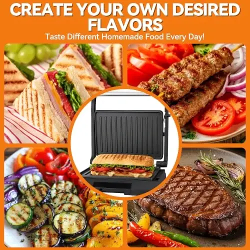 Baker's Friend 2 Slices of Mini Panini Press Electric Grill, Panini Grill Press Sandwich Maker Press, Sandwichera Electrical for Pancakes & Eggs, Oil Tray, Non Stick Surfaces, Stainless Steel - 6