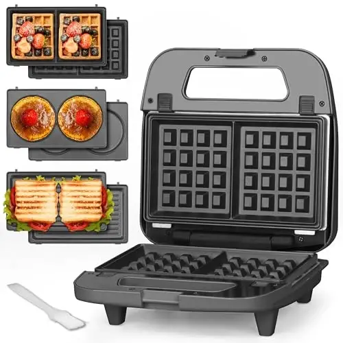 Baker’s Friend 3 in 1 Mini Waffle Maker with Removable Plates, Dual Waffle & Pancake and Grill Plates, Breakfast Sandwich Maker Press, Dishwasher Safe, Non-stick Coating, Graphite - 1