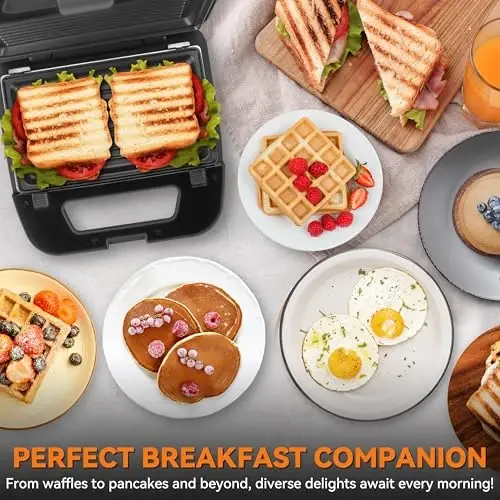 Baker’s Friend 3 in 1 Mini Waffle Maker with Removable Plates, Dual Waffle & Pancake and Grill Plates, Breakfast Sandwich Maker Press, Dishwasher Safe, Non-stick Coating, Graphite - Baker's Friend (1)