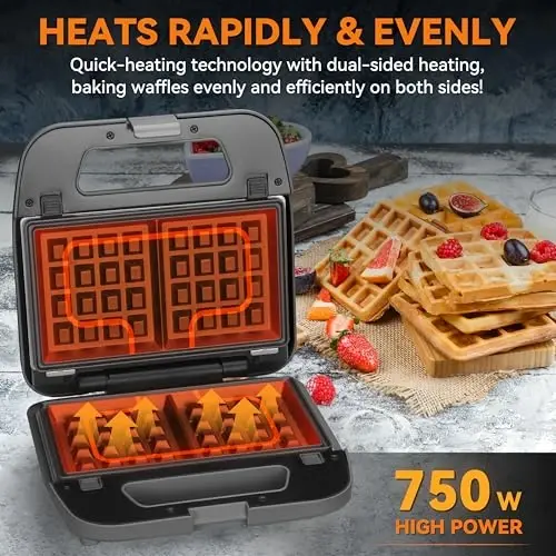 Baker’s Friend 3 in 1 Mini Waffle Maker with Removable Plates, Dual Waffle & Pancake and Grill Plates, Breakfast Sandwich Maker Press, Dishwasher Safe, Non-stick Coating, Graphite - 3