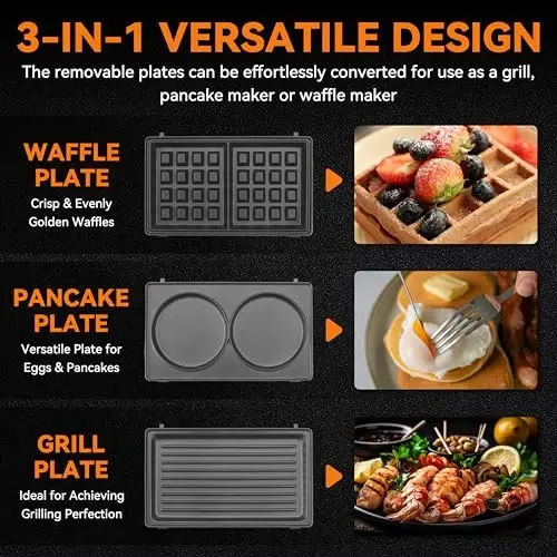 Baker’s Friend 3 in 1 Mini Waffle Maker with Removable Plates, Dual Waffle & Pancake and Grill Plates, Breakfast Sandwich Maker Press, Dishwasher Safe, Non-stick Coating, Graphite - 4