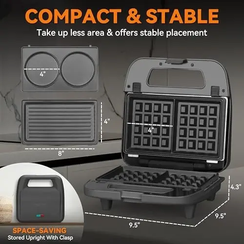 Baker’s Friend 3 in 1 Mini Waffle Maker with Removable Plates, Dual Waffle & Pancake and Grill Plates, Breakfast Sandwich Maker Press, Dishwasher Safe, Non-stick Coating, Graphite - 5