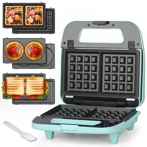 Baker’s Friend 3 in 1 Mini Waffle Maker with Removable Plates, Mini Pancake Maker, Grilled Cheese Maker, Breakfast Sandwich Maker Press, Indoor Grill, Belgian Waffle Maker, Aqua - Baker's Friend