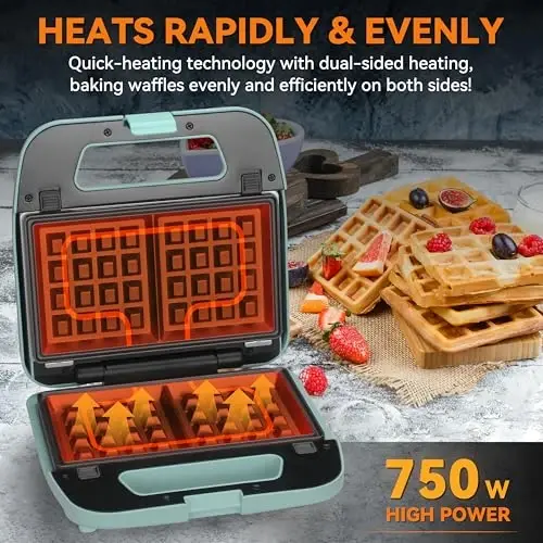 Baker’s Friend 3 in 1 Mini Waffle Maker with Removable Plates, Mini Pancake Maker, Grilled Cheese Maker, Breakfast Sandwich Maker Press, Indoor Grill, Belgian Waffle Maker, Aqua - 5
