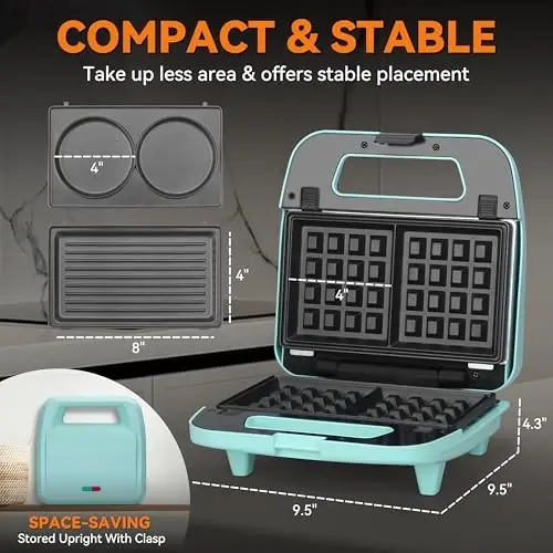 Baker’s Friend 3 in 1 Mini Waffle Maker with Removable Plates, Mini Pancake Maker, Grilled Cheese Maker, Breakfast Sandwich Maker Press, Indoor Grill, Belgian Waffle Maker, Aqua - 6