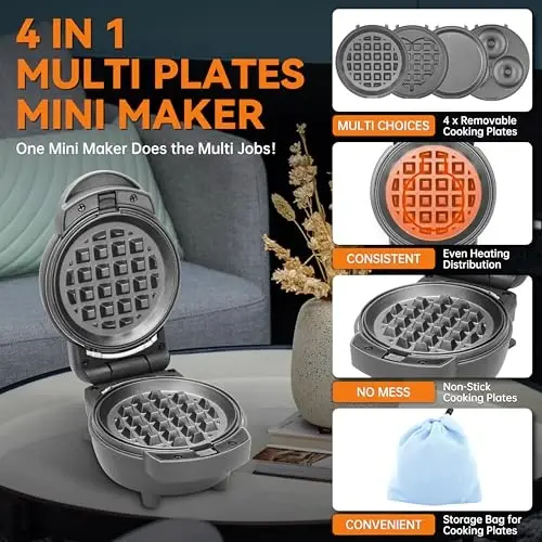 Baker's Friend 4 in 1 Mini Waffle Maker with Removable Plates, A Set of Mini Pancake Maker, Mini Donut Maker, Mini Heart Shape Waffle Maker and Small Waffle Maker, Recipe Included, Graphite, Compact - BAKER'S FRIEND (1)