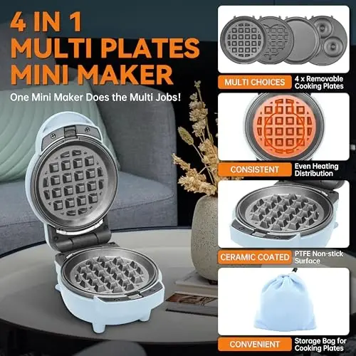 Baker's Friend 4 in 1 Mini Waffle Maker with Removable Plates, Set Includes Mini Pancake, Donut, Heart Shape Waffle Makers, Compact Size, Recipe Included, Blue - BAKER'S FRIEND (1)