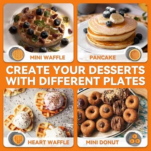 Baker's Friend 4 in 1 Mini Waffle Maker with Removable Plates, Set Includes Mini Pancake, Donut, Heart Shape Waffle Makers, Compact Size, Recipe Included, Blue - 3