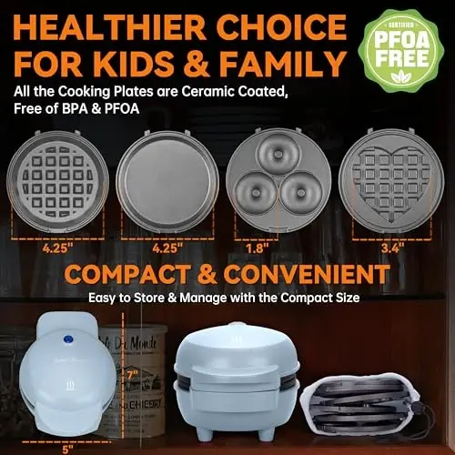 Baker's Friend 4 in 1 Mini Waffle Maker with Removable Plates, Set Includes Mini Pancake, Donut, Heart Shape Waffle Makers, Compact Size, Recipe Included, Blue - 4