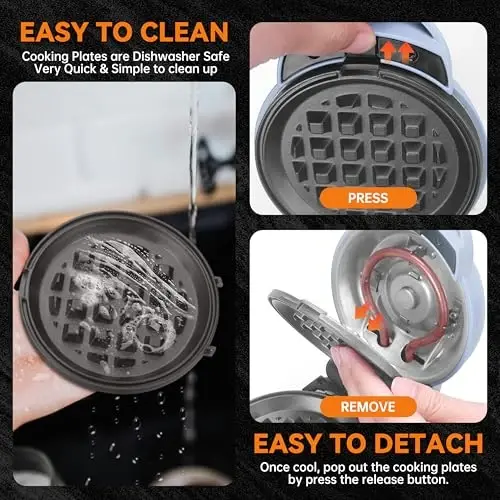 Baker's Friend 4 in 1 Mini Waffle Maker with Removable Plates, Set Includes Mini Pancake, Donut, Heart Shape Waffle Makers, Compact Size, Recipe Included, Blue - 5
