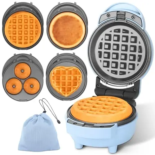 Baker's Friend 4 in 1 Mini Waffle Maker with Removable Plates, Set Includes Mini Pancake, Donut, Heart Shape Waffle Makers, Compact Size, Recipe Included, Blue - BAKER'S FRIEND