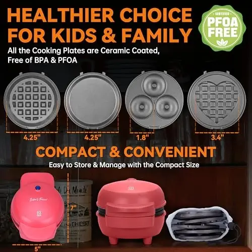 Baker's Friend 4 in 1 Mini Waffle Maker with Removable Plates, Set Includes Mini Pancake, Donut, Heart Shape Waffle Makers, Compact Size, Recipe Included, Red - 4