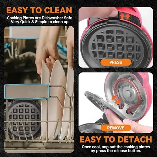 Baker's Friend 4 in 1 Mini Waffle Maker with Removable Plates, Set Includes Mini Pancake, Donut, Heart Shape Waffle Makers, Compact Size, Recipe Included, Red - 5