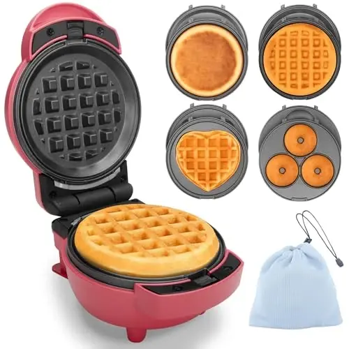 Baker's Friend 4 in 1 Mini Waffle Maker with Removable Plates, Set Includes Mini Pancake, Donut, Heart Shape Waffle Makers, Compact Size, Recipe Included, Red - 1