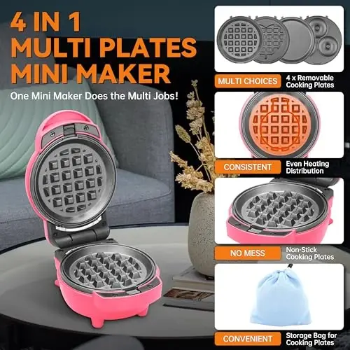 Baker's Friend 4 in 1 Mini Waffle Maker with Removable Plates, Set Includes Mini Pancake, Donut, Heart Shape Waffle Makers, Compact Size, Recipe Included, Red - 3