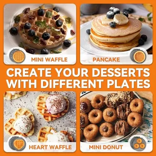 Baker's Friend 4 in 1 Mini Waffle Maker with Removable Plates, Set Includes Mini Pancake, Donut, Heart Shape Waffle Makers, Compact Size, Recipe Included, Red - 2