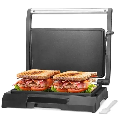 Baker's Friend Mini Panini Press Electric Griddle, 2 Slices of Panini Grill Press Sandwich Maker Press, Sandwichera Electrical for Pancakes & Eggs, Oil Tray, Non Stick Surfaces, Stainless Steel - 1
