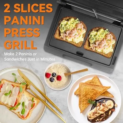 Baker's Friend Mini Panini Press Electric Griddle, 2 Slices of Panini Grill Press Sandwich Maker Press, Sandwichera Electrical for Pancakes & Eggs, Oil Tray, Non Stick Surfaces, Stainless Steel - BAKER'S FRIEND (1)