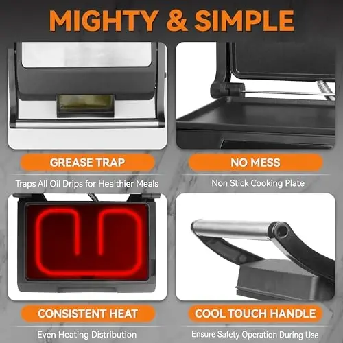 Baker's Friend Mini Panini Press Electric Griddle, 2 Slices of Panini Grill Press Sandwich Maker Press, Sandwichera Electrical for Pancakes & Eggs, Oil Tray, Non Stick Surfaces, Stainless Steel - 4