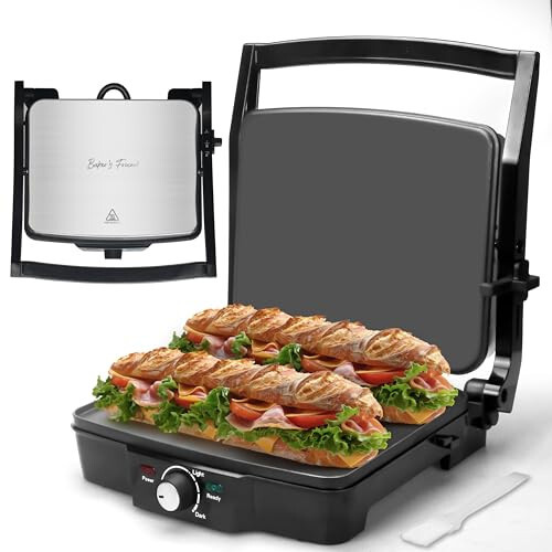 Baker's Friend Panini Press Electric Griddle, Panini Grill Press Sandwich Maker Press, Grilled Cheese Maker, Sandwichera Electrical, Browning Control, Non Stick Surfaces, 4-Slices, Stainless Steel - Baker's Friend