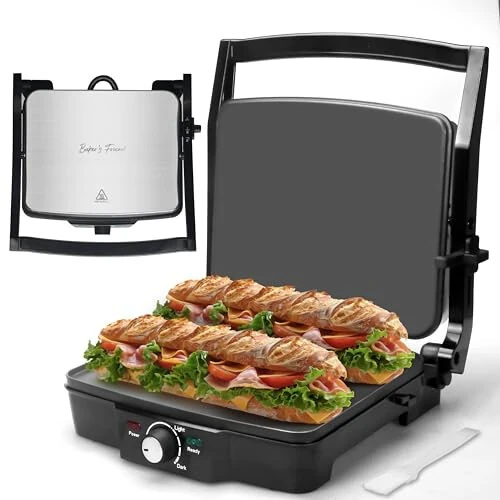 Baker's Friend Panini Press Elektr Griddle, Panini Grill Press Sandvich Maker Press, Grilled Cheese Maker, Sandwichera Electrical, Browning Control, Non Stick Surfaces, 4-Slices, Stainless Steel - Baker's Friend