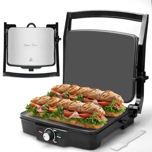 Baker's Friend Panini Press Elektr Griddle, Panini Grill Press Sandvich Maker Press, Grilled Cheese Maker, Sandwichera Electrical, Browning Control, Non Stick Surfaces, 4-Slices, Stainless Steel - 1