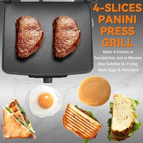 Baker's Friend Panini Press Elektr Griddle, Panini Grill Press Sandvich Maker Press, Grilled Cheese Maker, Sandwichera Electrical, Browning Control, Non Stick Surfaces, 4-Slices, Stainless Steel - Baker's Friend (1)
