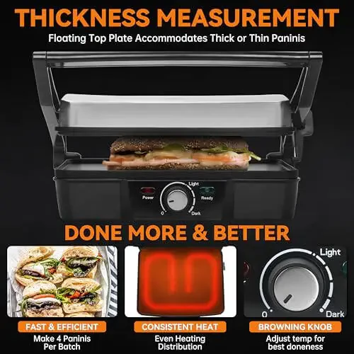 Baker's Friend Panini Press Elektr Griddle, Panini Grill Press Sandvich Maker Press, Grilled Cheese Maker, Sandwichera Electrical, Browning Control, Non Stick Surfaces, 4-Slices, Stainless Steel - 3