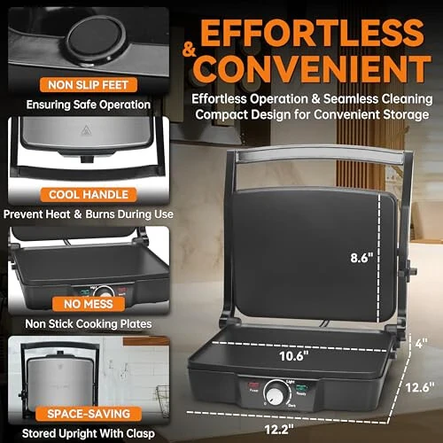 Baker's Friend Panini Press Elektr Griddle, Panini Grill Press Sandvich Maker Press, Grilled Cheese Maker, Sandwichera Electrical, Browning Control, Non Stick Surfaces, 4-Slices, Stainless Steel - 4