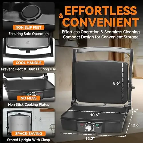 Baker's Friend Panini Press Elektr Griddle, Panini Grill Press Sandvich Maker Press, Grilled Cheese Maker, Sandwichera Electrical, Browning Control, Non Stick Surfaces, 4-Slices, Stainless Steel - 4