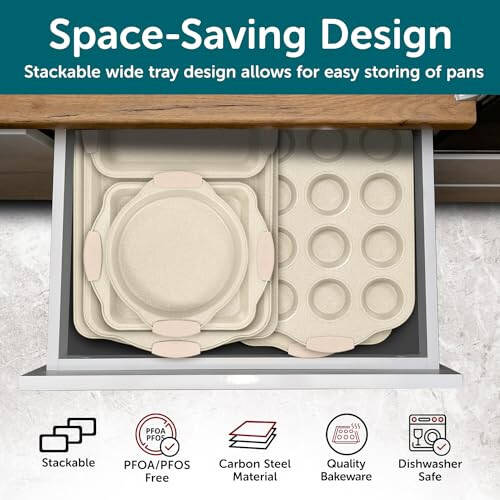 BAKKEN 6-Piece Deluxe Nonstick Baking Pan Set - Professional Grade Carbon Steel Bakeware with White Marble Coating & Silicone Handles - 3