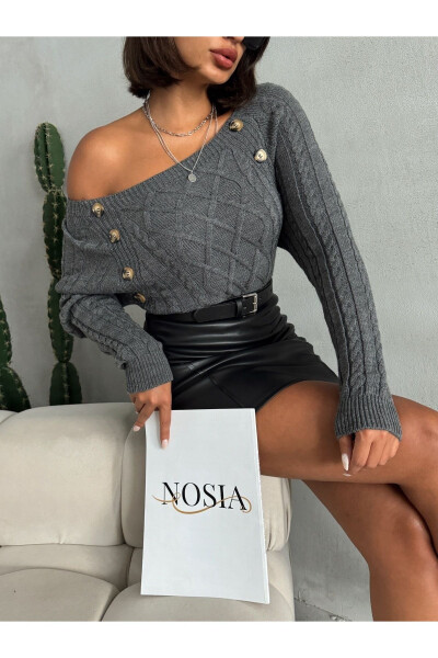 Baklava Pattern Buttoned Boat Neck Sweater - NOSIA