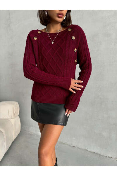 Baklava Pattern Buttoned Boat Neck Sweater - 7