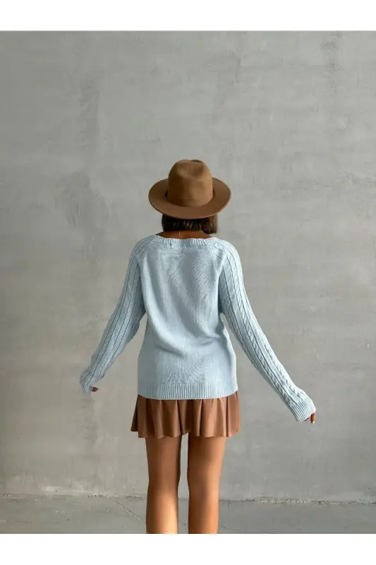 Baklava Patterned Buttoned Boat Neck Sweater-Baby Blue - 8