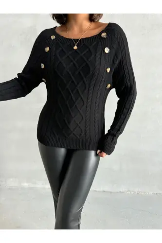 Baklava Patterned Buttoned Boat Neck Sweater-Black - 7