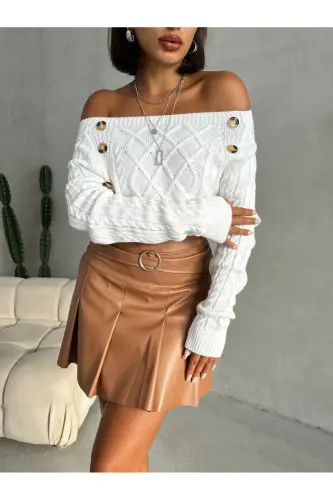 Baklava Patterned Buttoned Boat Neck Sweater-Ecru - 1