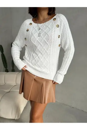 Baklava Patterned Buttoned Boat Neck Sweater-Ecru - 5