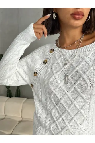 Baklava Patterned Buttoned Boat Neck Sweater-Ecru - 7