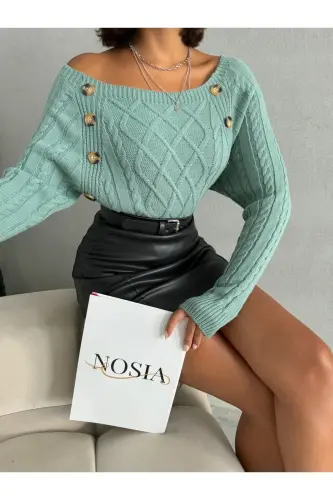 Baklava Textured Buttoned Boat Neck Sweater - Mint Green 