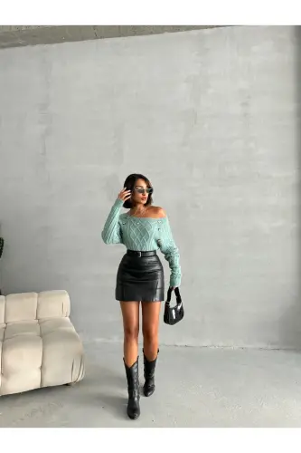 Baklava Textured Buttoned Boat Neck Sweater - Mint Green - 4