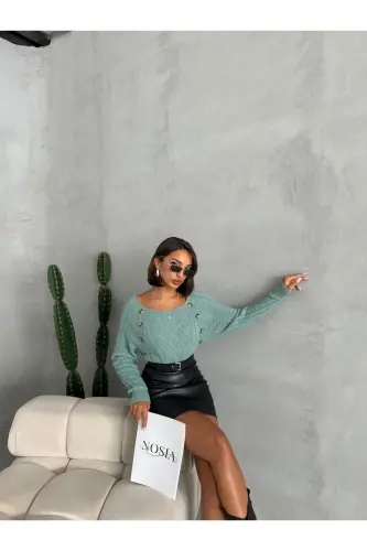Baklava Textured Buttoned Boat Neck Sweater - Mint Green - 7