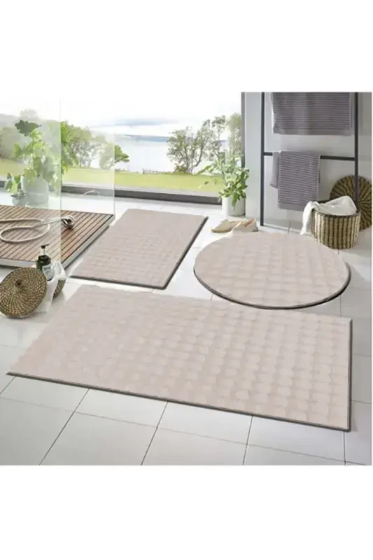 Balat Carpet 3-Piece Non-Slip Base Bubble Plush Bath Mat 50x50 (ROUND)-50x50 And 50x70-Brown - 1