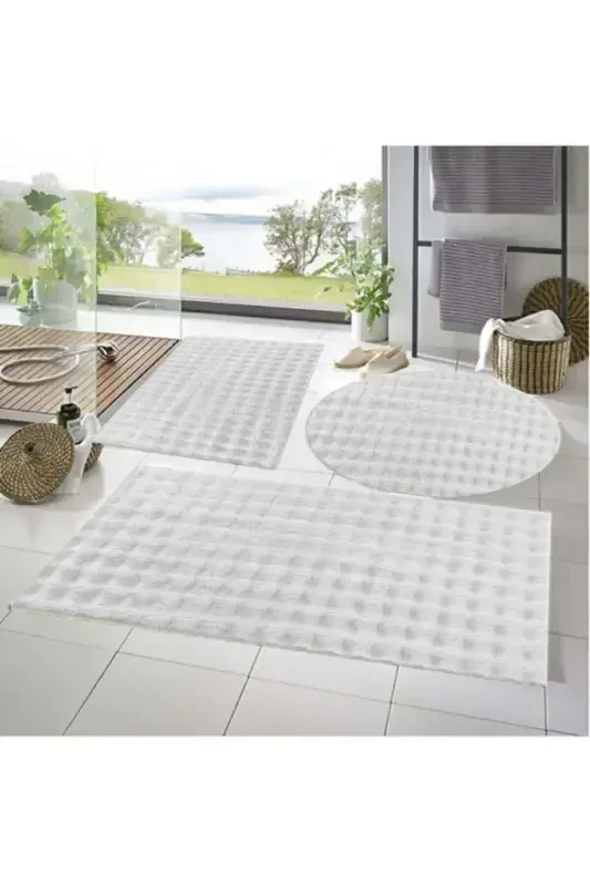 Balat Carpet 3-Piece Non-Slip Base Bubble Plush Bathroom Rug White 50x50(ROUND)-50x50 And 50x70-White - RASCHEL CARPET