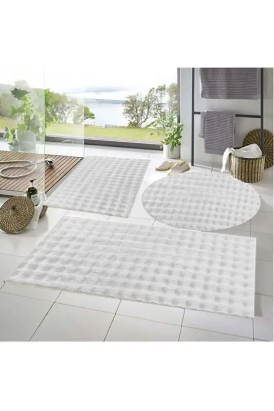 Balat Carpet 3-Piece Non-Slip Base Bubble Plush Bathroom Rug White 50x50(ROUND)-50x50 And 50x70-White - 1