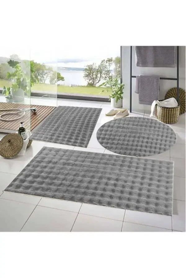 Balat Hal 3-Piece Non-Slip Base Bubble Plush Bath Mat Light Grey 50x50(ROUND)-50x60 & 50x90 - 1