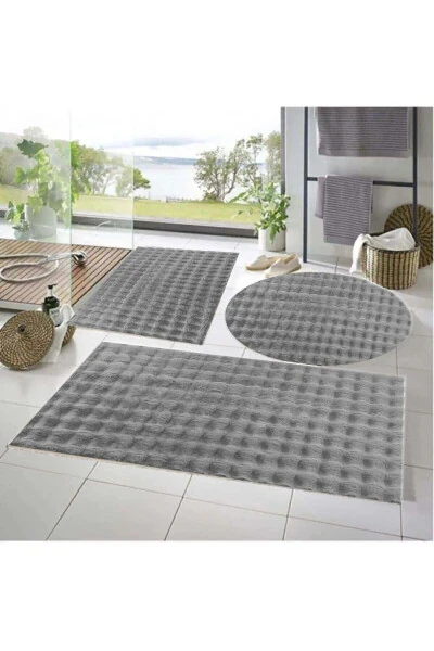 Balat Halı 3'lü Kaymaz Taban Bubble Peluş Banyo Paspası Açık Gri 50x50(YUVARLAK)-50x50 Ve 50x70-Gri - RASCHEL CARPET